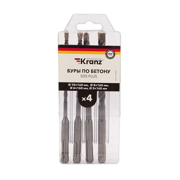 Набор буров по бетону 5-6-8-10х160мм 4шт пластик. коробка SDS PLUS Kranz KR-91-0405 