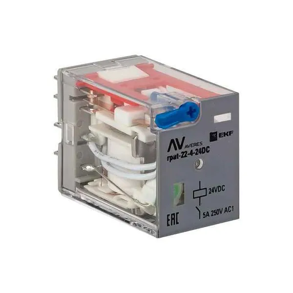 Реле промежуточное RPAt 22/4 5А 24В DC с кнопкой и мех. индикацией AVERES EKF rpat-22-4-24DC 