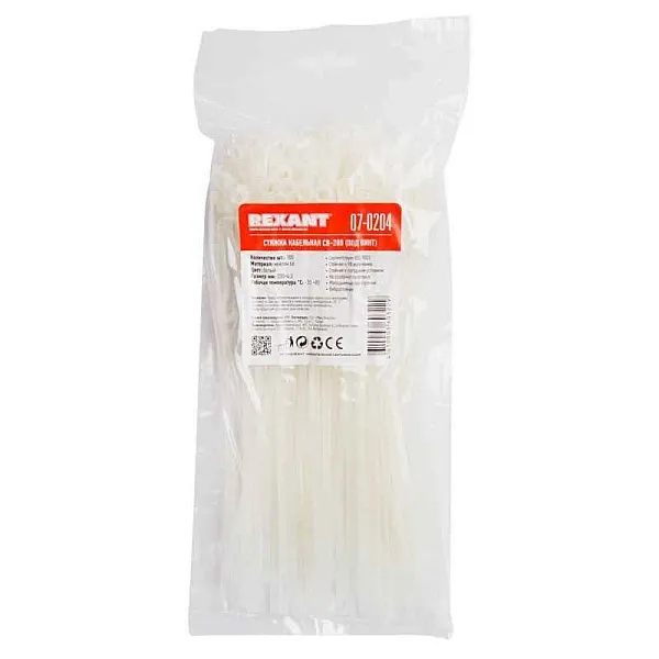 Хомут кабельный 4.3х200 нейл. под винт бел. (уп.100шт) Rexant 07-0204 