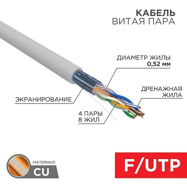 Кабель витая пара F/UTP, CAT 5e, PVC, 4х2х0,52 мм, 24AWG, INDOOR, SOLID, серый, 305 м REXANT PRO | 02-0025 | REXANT