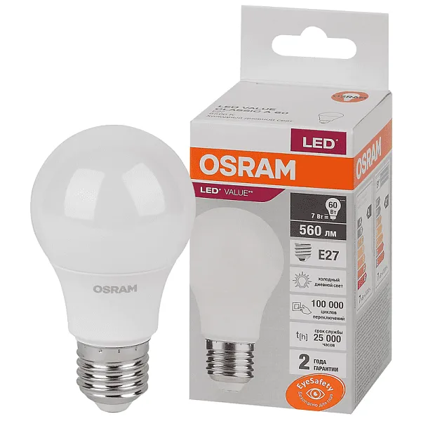 Лампа ЛЕД  E27  7,0Вт 6,5К LVCLA60 7SW/865 230V RU OSRAM