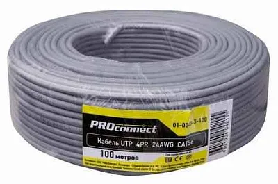 Кабель витая пара F/UTP, CAT 5е, PVC, 4PR, 24AWG, INDOOR, SOLID, серый, 100м PROconnect