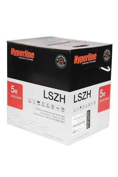 Кабель SFUTP4-C5E-S24-IN-LSZH-GY-305 витая пара SF/UTP кат. 5e; 4 пары (24 AWG) ож (solid) экран - фольга + медная оплетка LSZH (-20град.C - +75град.C) сер. (уп.305м) Hyperline 246264