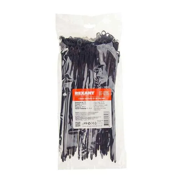 Хомут кабельный 4.3х200 нейл. под винт черн. (уп.100шт) Rexant 07-0205 