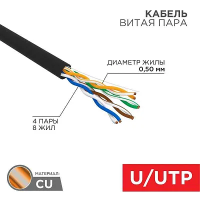 Кабель витая пара U/UTP, CAT 5e, PE, 4PR, 24AWG, OUTDOOR, SOLID, черный, 305м, РФ REXANT | 01-0045-R | REXANT