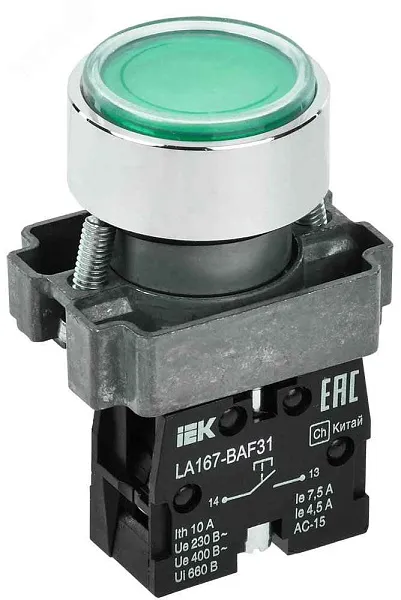 Кнопка LA167-BAF31 d=22мм 1NO зеленая IEK
