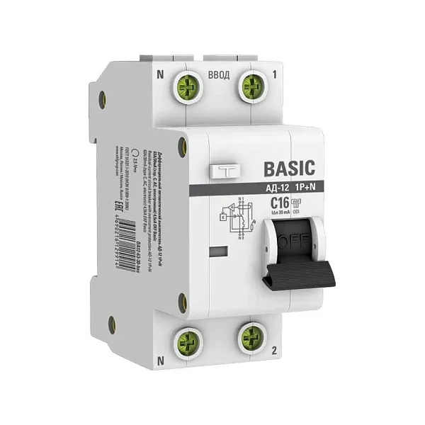 Авт.диф. 2п 16А 30мА  АД-12 1P+N АС 4,5кА EKF Basic 