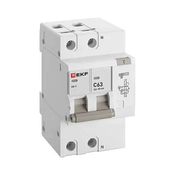 Выключатель автоматический дифференциального тока C 63А 30мА тип AC 6кА АД-2 (электрон.) защита 270В PROxima EKF DA2-6-63-30-pro