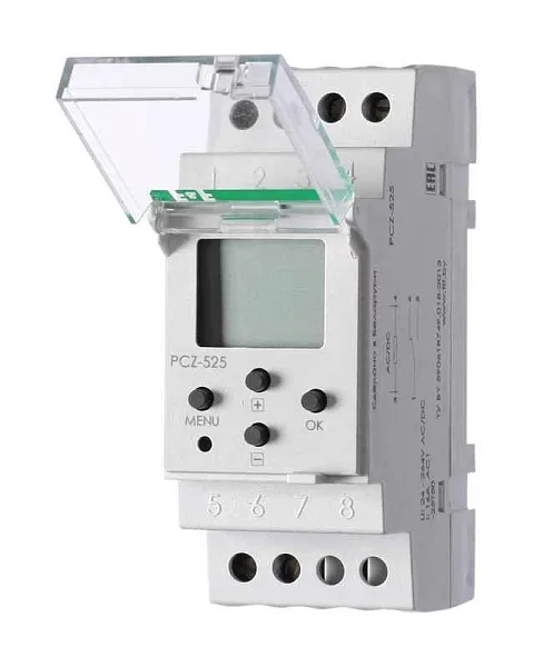 Реле времени астрономическое PCZ-525 24-264В AC/DC 16А 1 переключ. контакт IP20 1 канал монтаж на DIN-рейке F&F EA02.002.005 