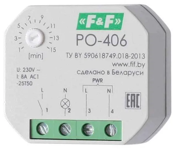 Реле времени PO-406 8А 230В 1НО IP20 задержка выключ./управ. контактом монтаж в коробку d-60мм F&F EA02.001.019 