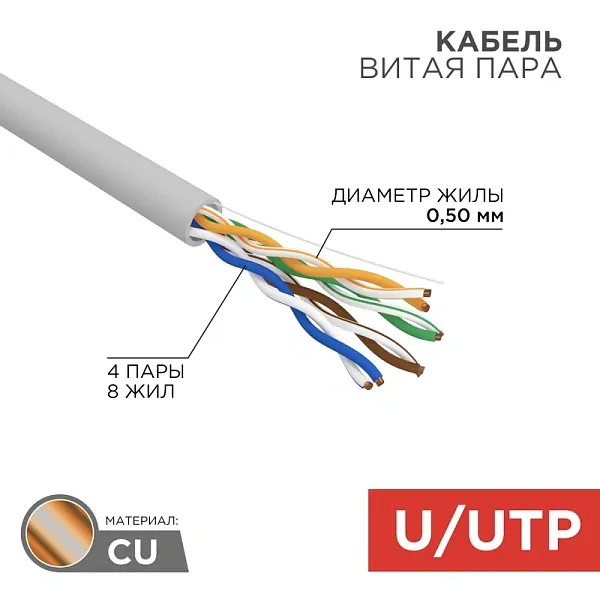 Кабель витая пара F/UTP, CAT 5e, PVC, 4PR, 24AWG, INDOOR, STRANDED, серый, 305м, REXANT