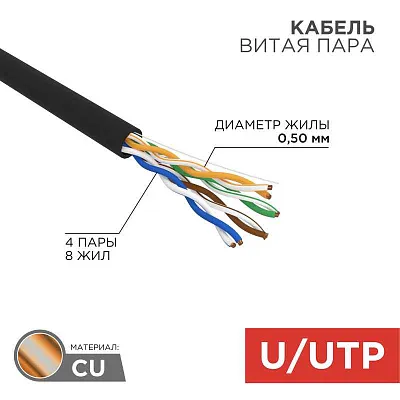 Кабель витая пара U/UTP 4х2х24AWG кат.5E solid CU PE Outdoor черн. (м) Rexant 01-0045