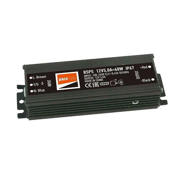 Блок питания для светодиодной ленты 60Вт 5А 12В IP67 BSPS влагозащ. метал. JazzWay 3329273A 