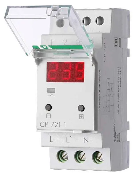 Реле напряжения CP-721-1 (CP-721-63A) (однофазное; цифровая индикация; напряжение питания 50-450В контакт 1NO 63А встроен. таймер регистрация аварий в памяти индикация текущего напряжения) (аналог УЗМ) F&F EA04.009.013 