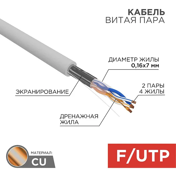 Кабель витая пара F/UTP, CAT 5e, PVC, 2PR, 24AWG, INDOOR, SOLID, серый, 305м, REXANT