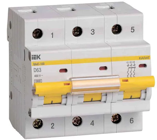 Выключатель автоматический модульный 3п D 63А 10кА ВА47-100 KARAT IEK MVA40-3-063-D 
