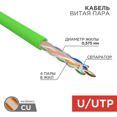 Кабель витая пара F/UTP, CAT 6, нг(A)-LSLTx, 4х2х0,575мм, 23AWG, INDOOR, SOLID, зеленый, 305м REXANT