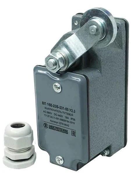 Выключатель путевой ВП 16Е-23Б-231-55 У2.3 1НО+1НЗ IP55 рычаг с роликом с сальником ход вправо самовозврат Электротехник ET518042 
