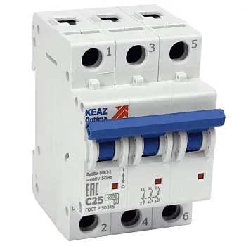 Выключатель автоматический модульный 3п C 63А 6кА OptiDin BM63-3C63-УХЛ3 КЭАЗ 260802 