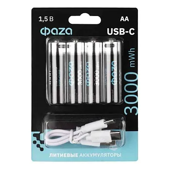 Аккумулятор литиевый AA 1.5В Li-Ion 3000мВт.ч 2000мА.ч зарядка от Type-C шнур в комплекте BL-4 (уп.4шт) ФАZА 5061606