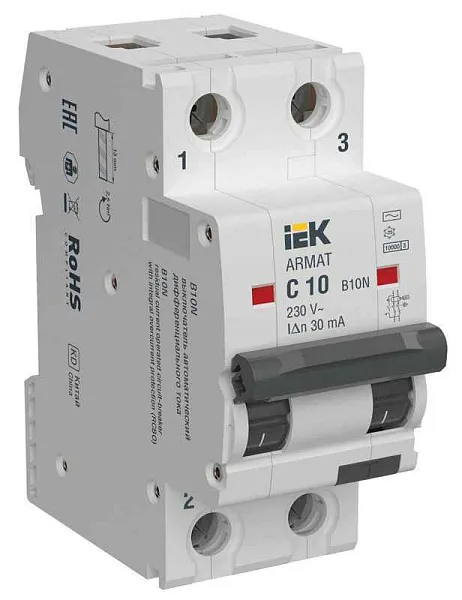 Выключатель автоматический дифференц. тока B10N 2P C10 30мА тип AC ARMAT IEK AR-B10N-2-C010C030 