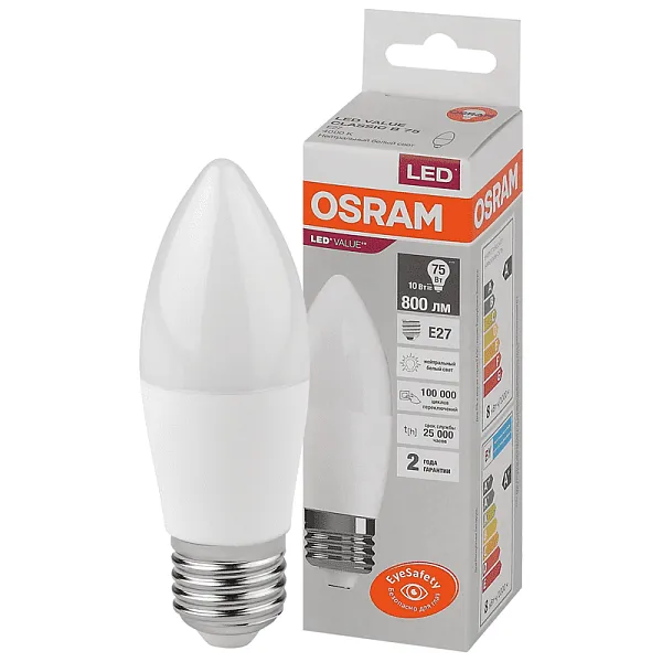 Лампа ЛЕД  E27 10Вт свеча мат.6,5К LVCLB75 10SW/865 230V RU OSRAM